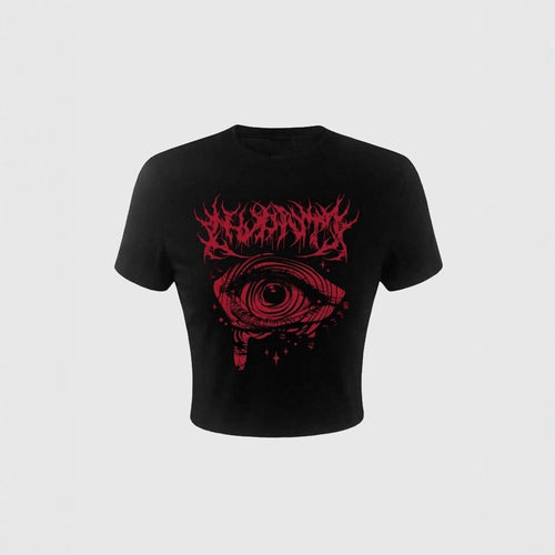 Dame Crop-T-Shirt med kunstnerisk grafikdesign og iøjnefaldende statementtryk Skovae