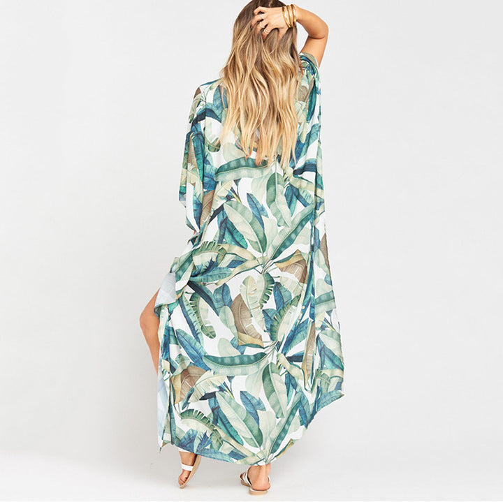 Dame Strandkaftan med blomsterbladmønster og elegant snit Stilla