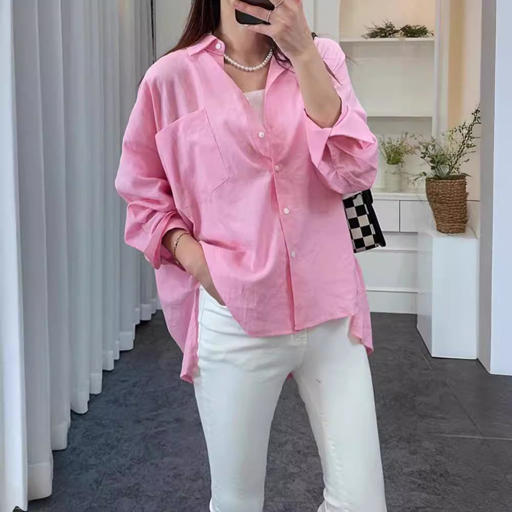 Kvinder Casual Oversized Skjorte Bluse med Brystlomme og Subtil Struktur Stilla