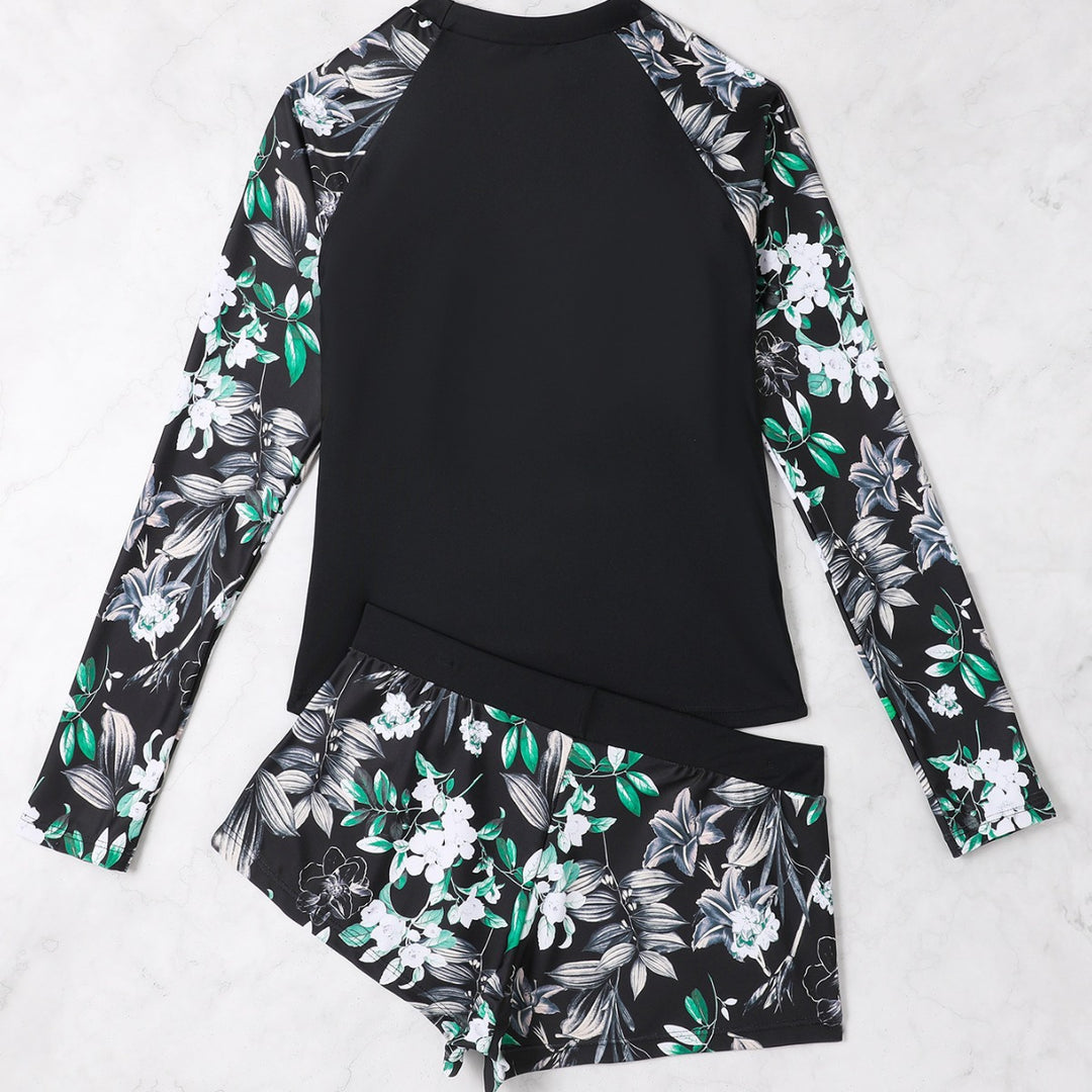 Dame Langærmet Floral Print Rash Guard Sæt Stilla