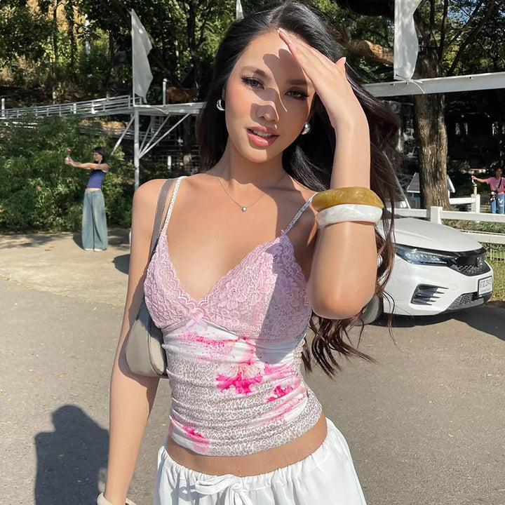Dame spaghetti straps top med blomster mønster og lace Skovae
