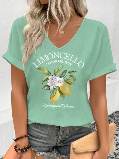Dame T-shirt med blomstret tryk og V-udskæring Stilla