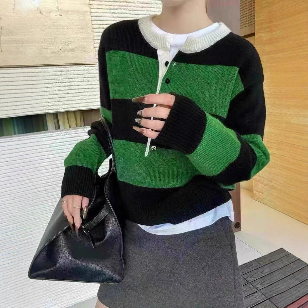 Dame sporty strikket sweater med knaplukning og grafisk mønster Stilla
