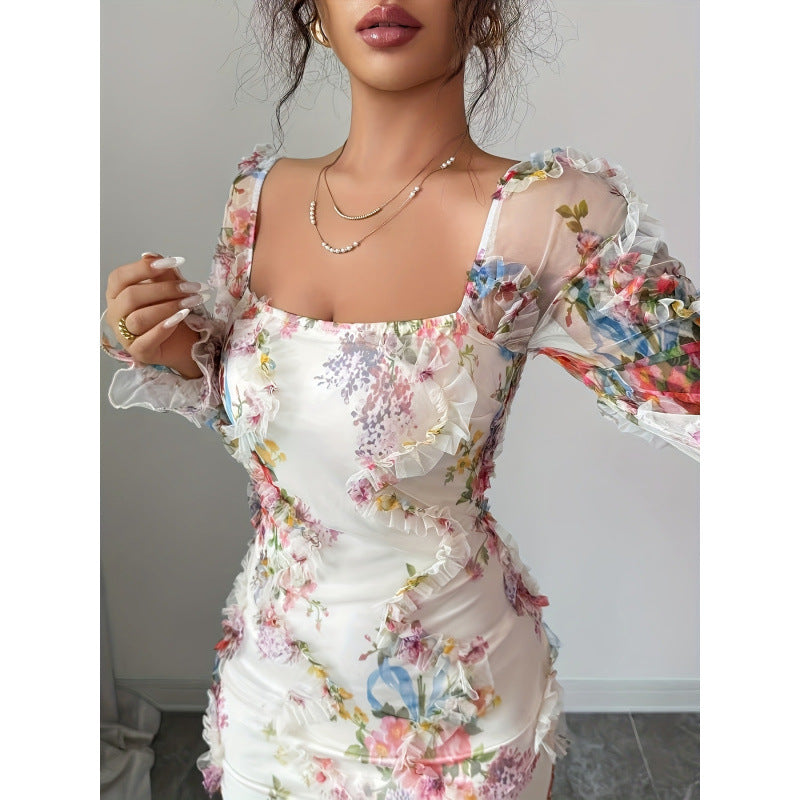 Dame Elegant Midikjole med blomster-spidserærmer og ruffle detaljer Skovae
