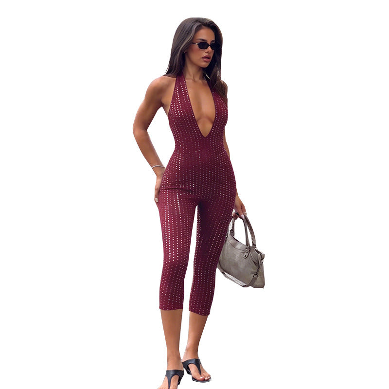 Dame fashion net-jumpsuit med dyb udskæring Skovae