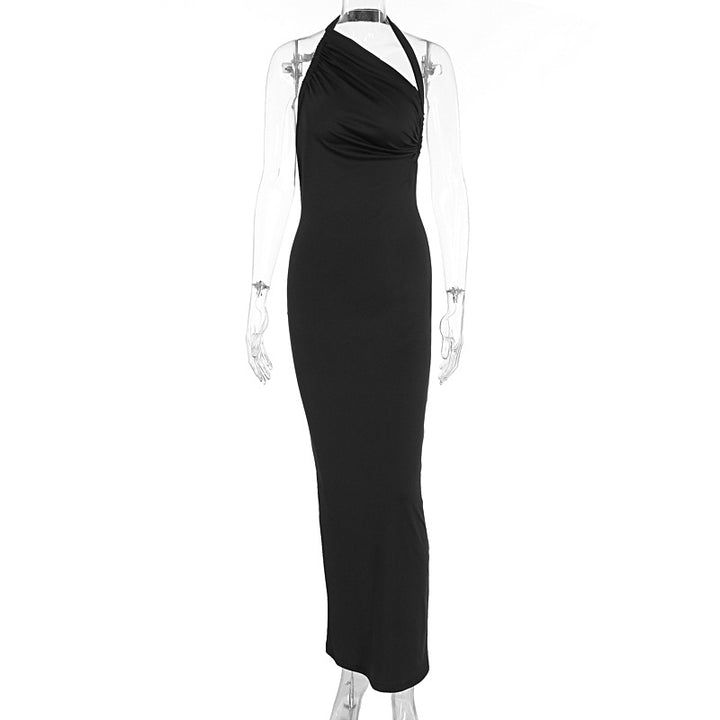 Dame Elegant langt omslagskjole med skulderfri design og rynket overdel Skovae
