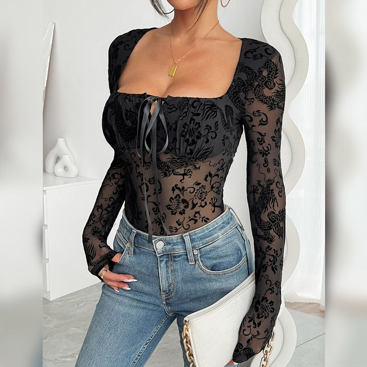 Damer Langærmet Spids-Bodysuit med elegant Snøring Stilla