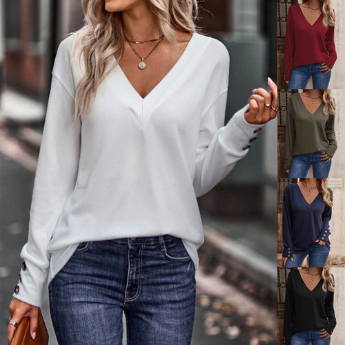 Dame casual V-hals-top med dekorative knapper Stilla