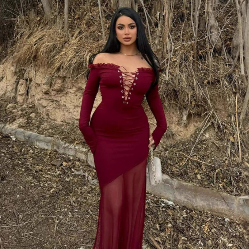 Dame figurtilpasset Maxikjole med Off-Shoulder Design og gennemsigtig Nederdel Skovae