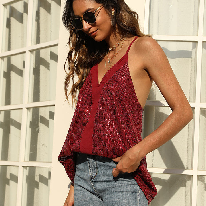 Dame glitrende pailletbluse med V-hals Stilla