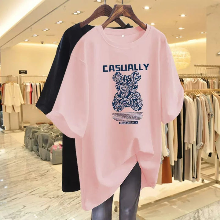 Dame T-shirt med kreativ grafisk tryk og afslappet oversized snit Stilla
