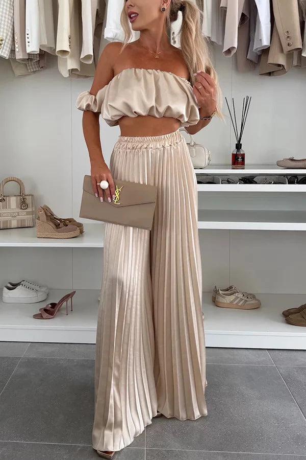 Dame Plisse-bundlang Skirt med elastisk kant og moderne Crop-Top Stilla