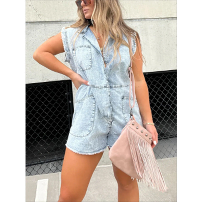 Dame trendy Jeans-overall med lommer og kortærmet Stilla