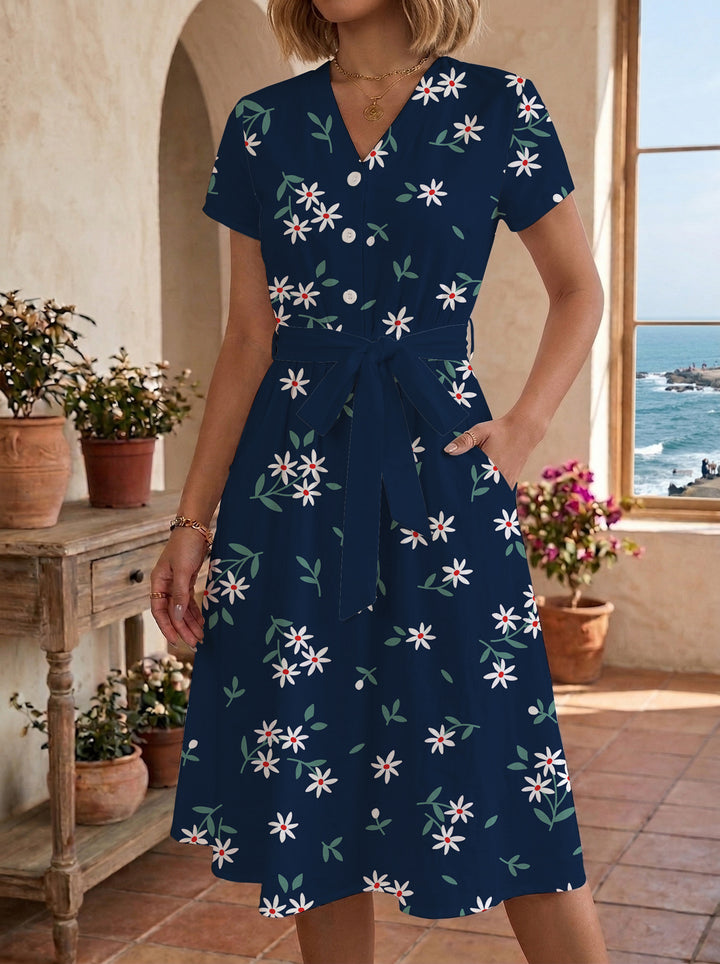 Dame midi kjole med blomsterprint og talje bælte Skovae