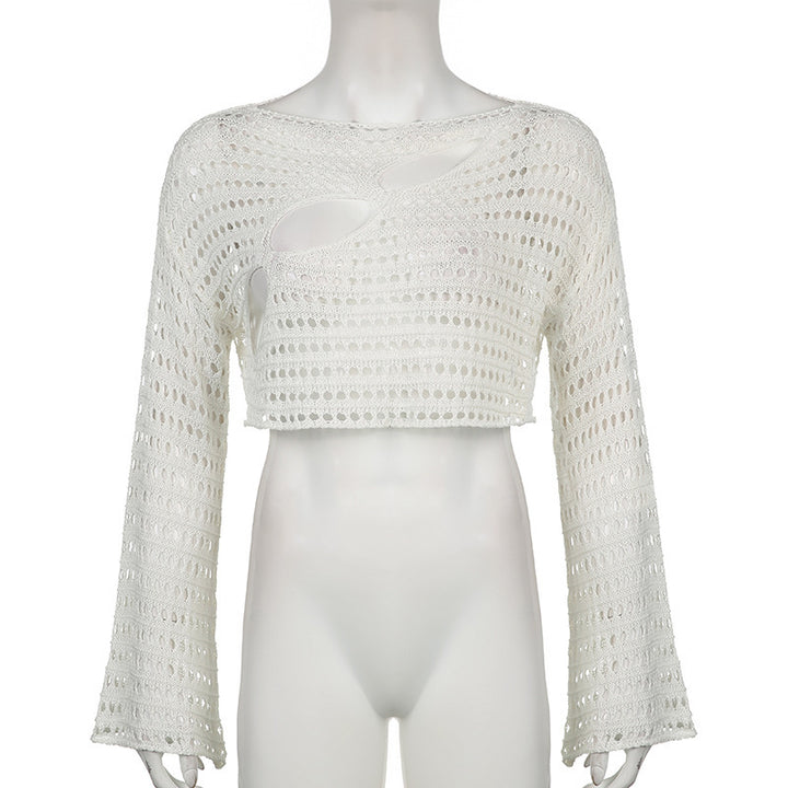 Dame hækleoverdel med moderne cut-out-design og bred udskårne ærmer Stilla