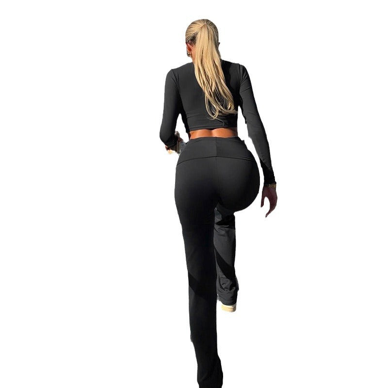 Dame Sporty Langærmet Crop-Top og tætsiddende Flared-Bukser Sæt Skovae