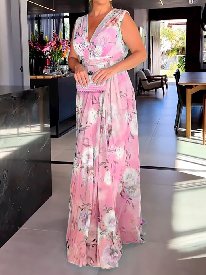 Dame Maxikjole i let chiffon med blomster mønstre og stilfuld V-udskæring Stilla