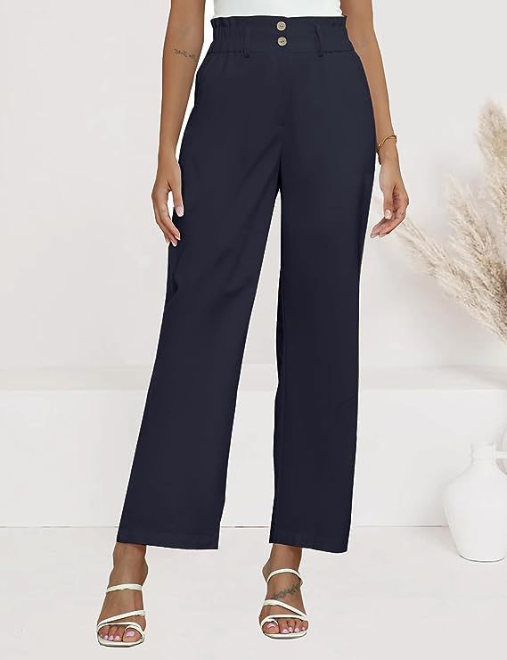 Dame bred stofbukser med elastisk talje og fashionable knapdetaljer Skovae