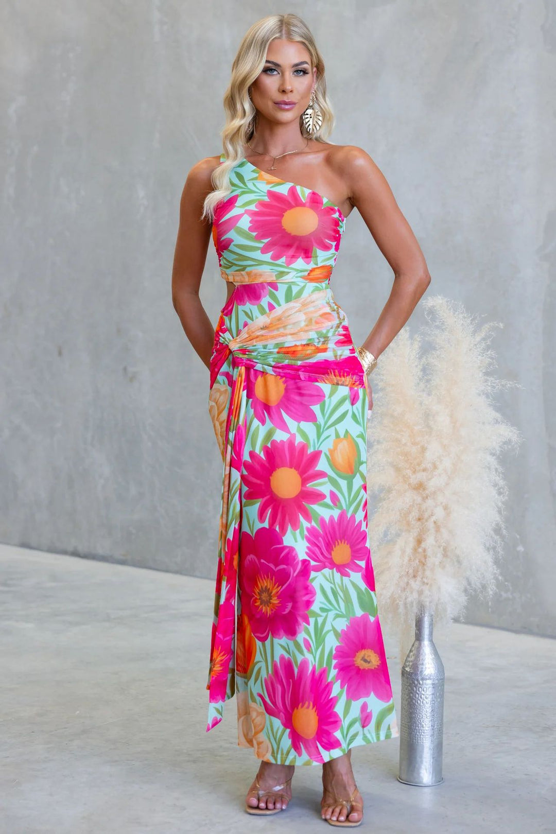 Women’s wrap maxi dress with asymmetric strap and floral accents Skovae
