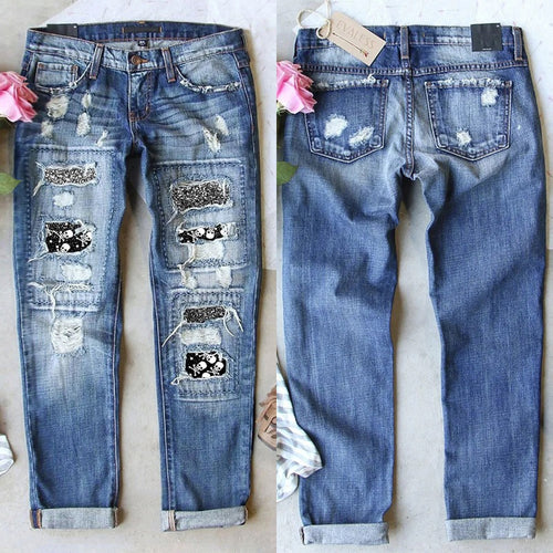 Dame Ripped Skinny Jeans med kreative applikationer og destruction-effekter Stilla