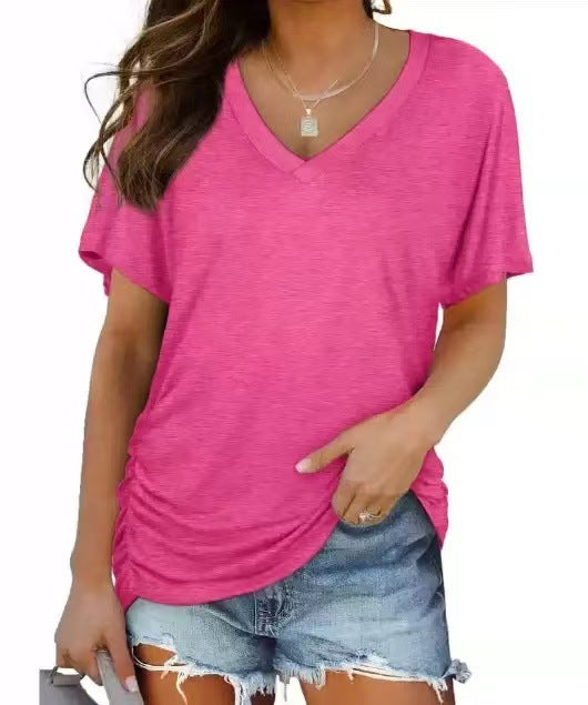 Dame afslappet V-hals T-shirt med rynker Stilla