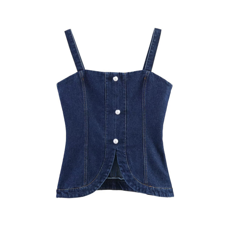 Dame Denim-Cami med tætsiddende pasform og dekorative knapper Skovae