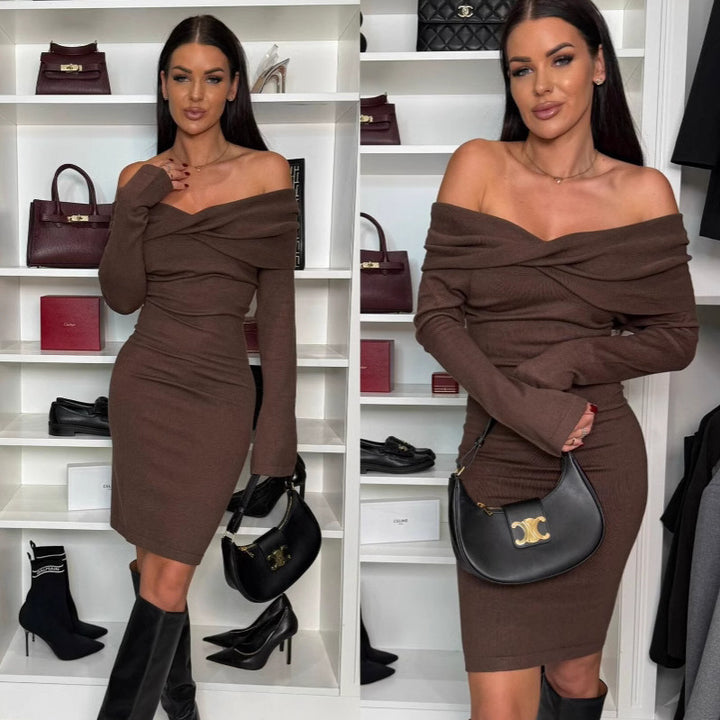 Damer Off-Shoulder Strik Midi Kjole Stilla