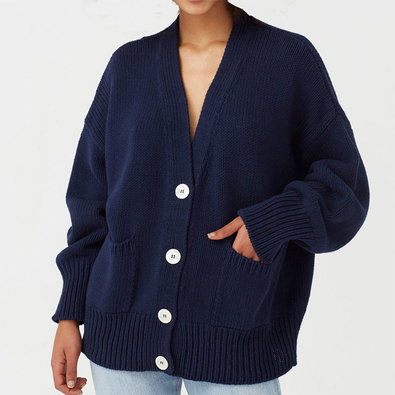 Dame Oversized Strikjakke med Lommer og V-Hals Stilla