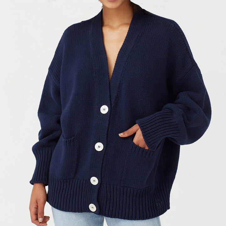 Dame Oversized Strikjakke med Lommer og V-Hals Stilla