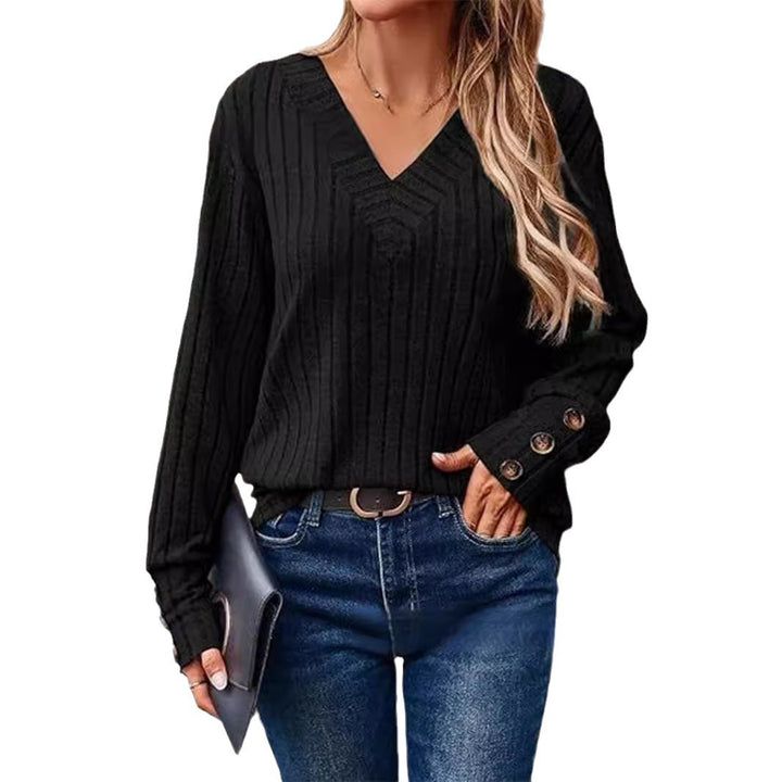 Dame strikpullover med V-hals og moderne ribstruktur Stilla