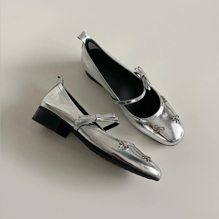 Dame Floral-dekorerede Metallic Mary Jane Flats Stilla