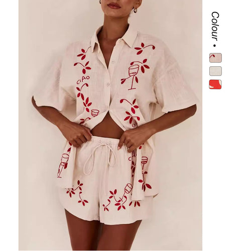 Kvinders Luftig Kortærmet Skjorte og Shorts Sæt med Blomsterbroderi Design Skovae