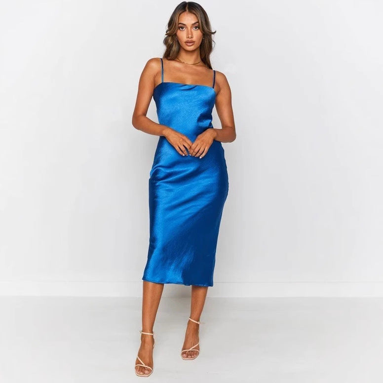 Women's satin midi dress with narrow spaghetti straps and elegant cut Skovae
