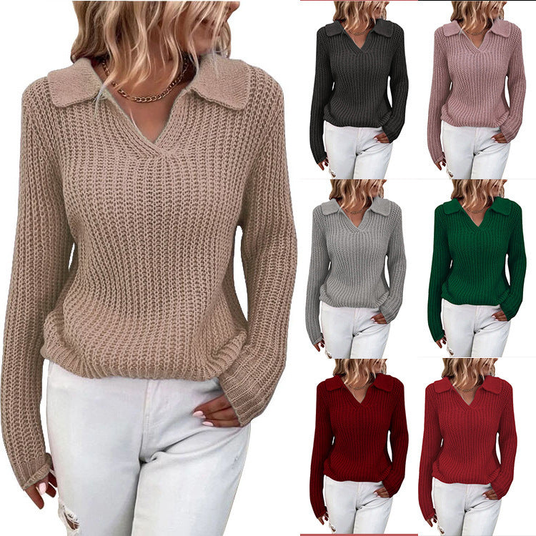 Dame finstrikpullover med krave Stilla