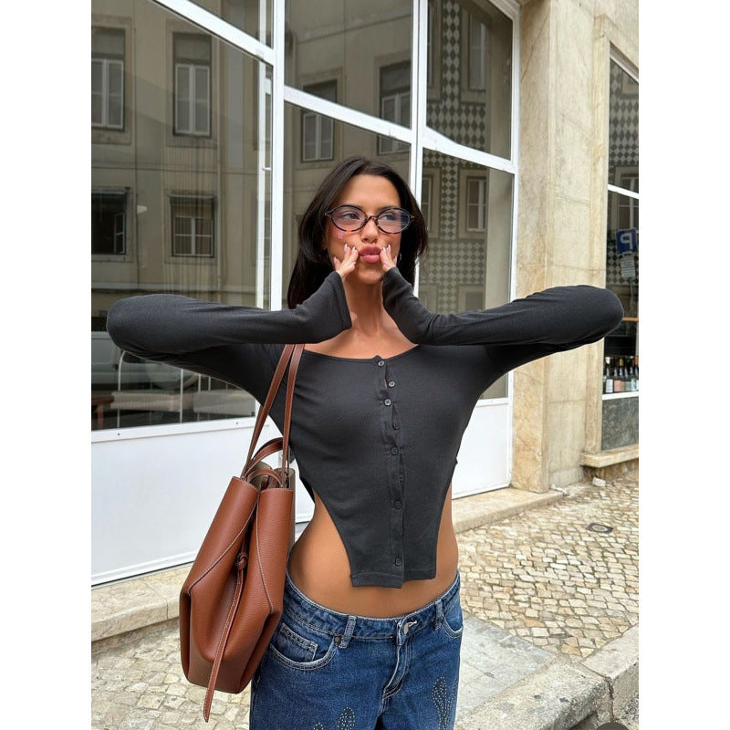 Dame Langærmet Button-Up Crop Top Stilla