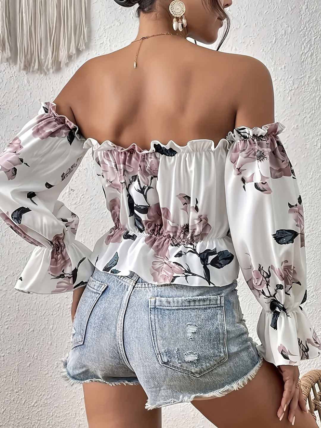 Dame Minimal Off-Shoulder Bluse med Rüschensaum og blomster mønster Stilla