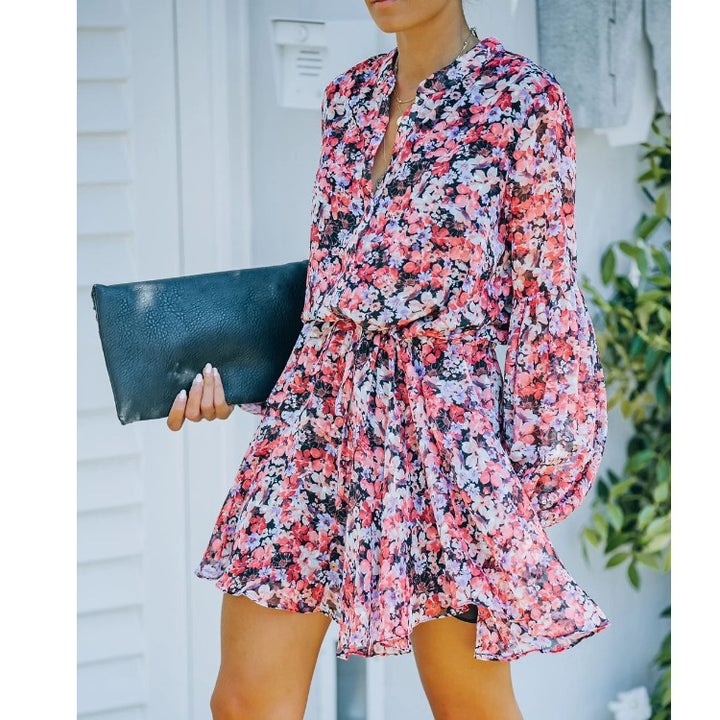 Dame Løs Floral Mini Kjole med Bånd Detalje Stilla