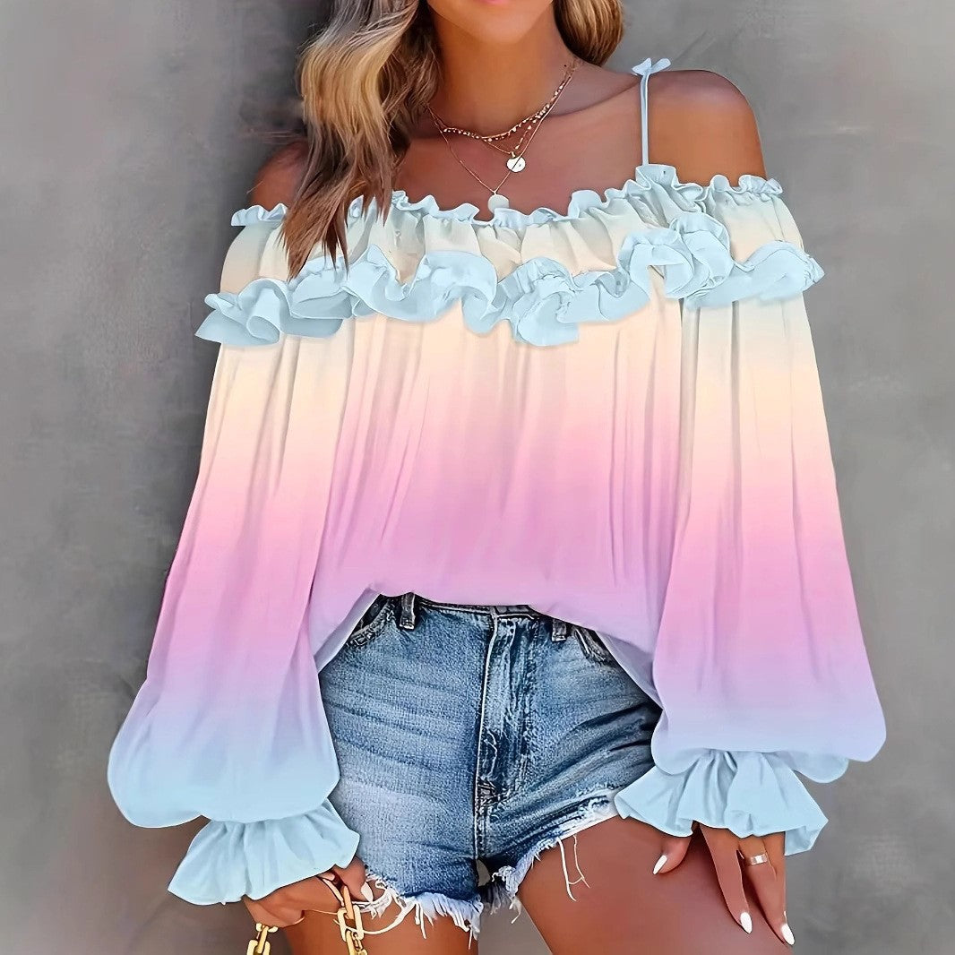Dame Off-Shoulder Bluse med Rüschen og Farvegradient Stilla