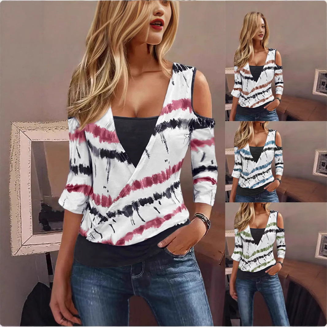 Dame Off-Shoulder Bluse med hypnotiserende farveovergang og bølgemønster Stilla
