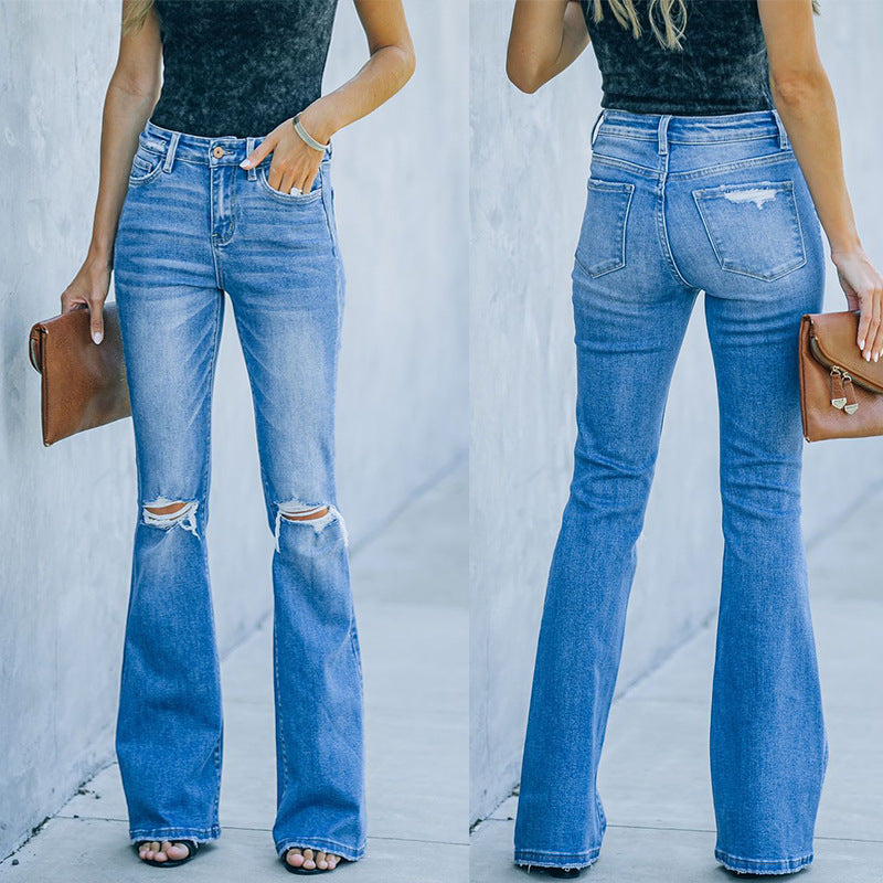 Dame Flared Jeans med modische Destroyed-detaljer og høj talje Stilla
