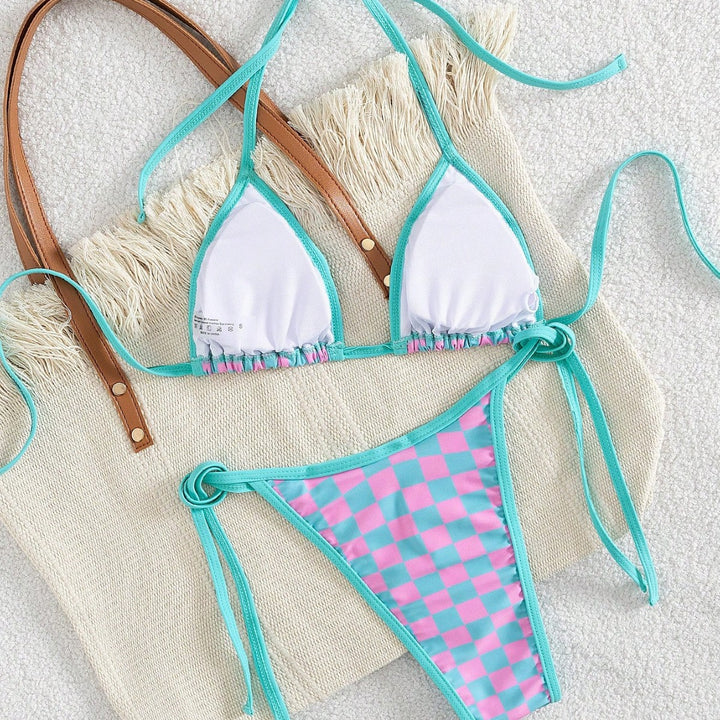 Dame Triangel-Bikini med ternet mønster og raffinerede bindebånd Skovae