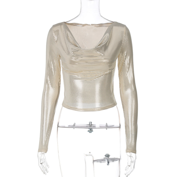 Dame Elegant Langærmet T-shirt med indvævet mesh og raffinerede draperinger Stilla