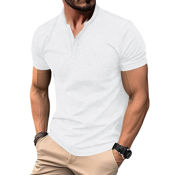 Herre kortærmet Henley T-shirt med dekorative knapdetaljer og glat overflade Stilla