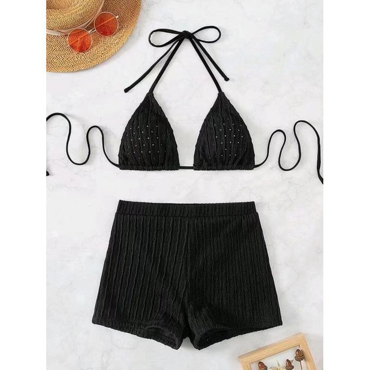 Dame triangel-bikini med høj kvalitets flæse design og stretchy shorts Skovae