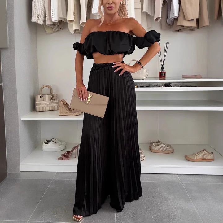 Dame Plisseret Maxi Nederdel og Off-Shoulder Crop Top Sæt Stilla