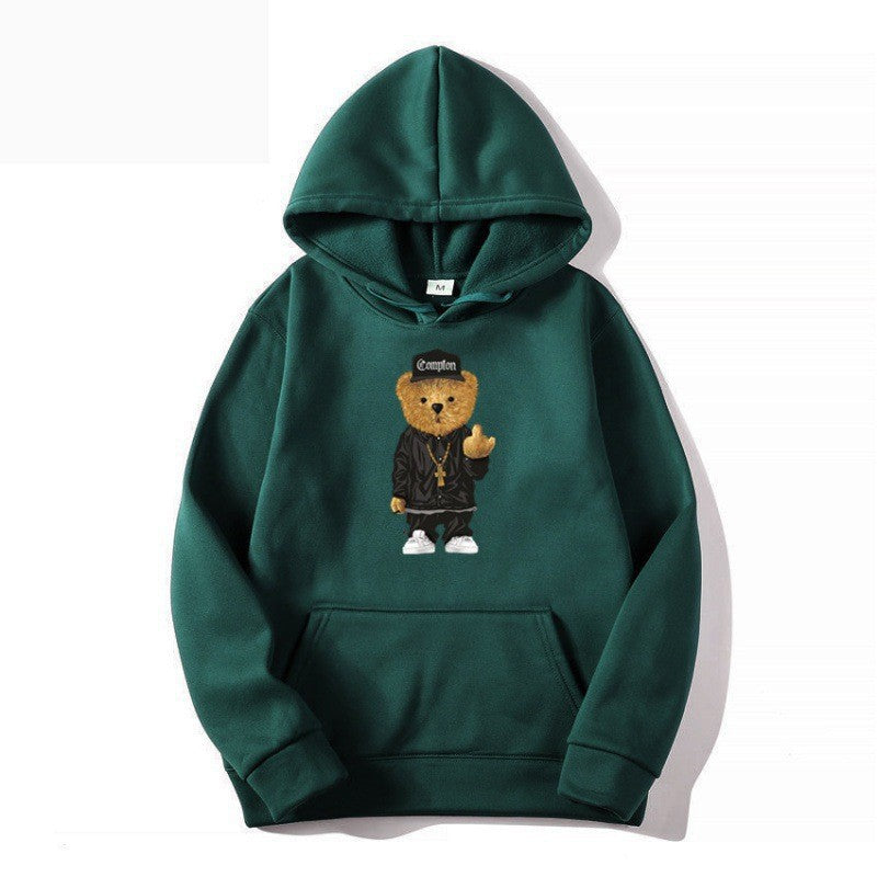 Kvinders hoodie med kunstnerisk bjørnedesign og kængurulomme Skovae