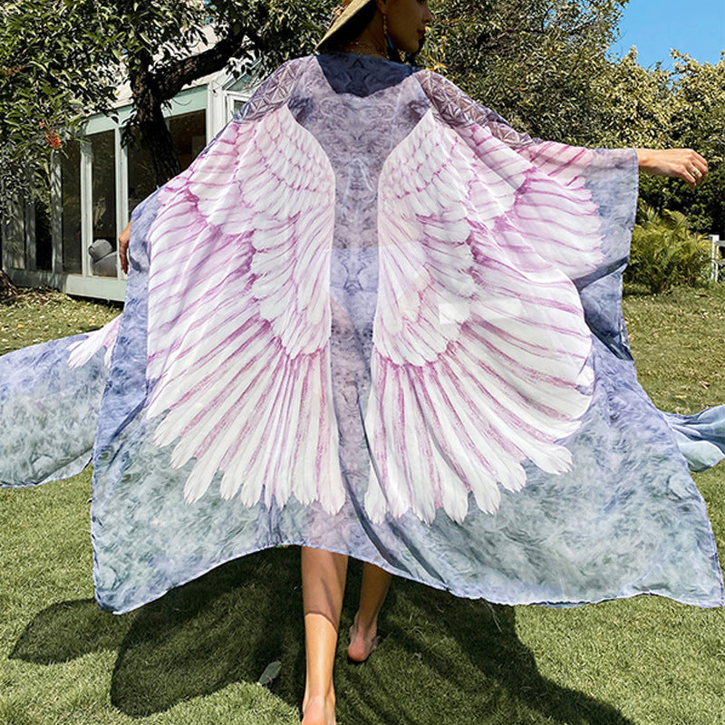 Dame Strandkimono med kunstnerisk vinge-design Stilla
