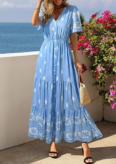 Dame Boho Maxikjole med blomsterprint og taljebelte Skovae
