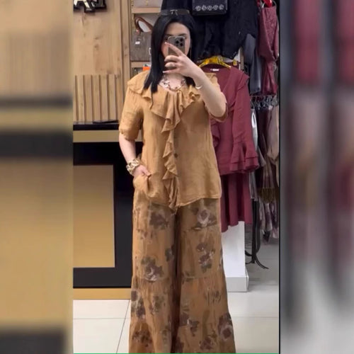 Dame let linned bluse med flæser og blomstrede palazzo bukser Stiila