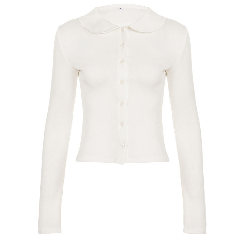 Dame Langærmet Crop-Top med stilfuld krave og knapliste Skovae